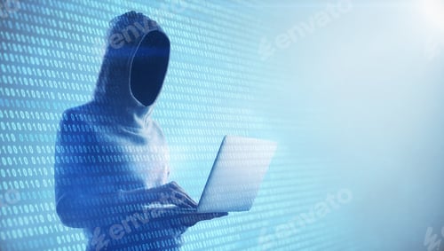 Preview: Doouble Exposure With Side View On No Face Hacker With Laptop And Binary Code Illustration