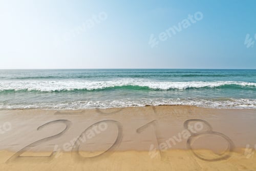 Preview: Beach Backdrop With Wave Washing Away Year 2017 And Revealing 2018. New Year Concept