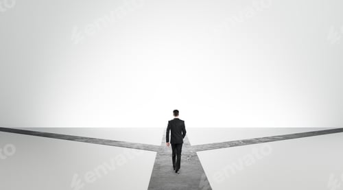 Preview: Back View Of Businessman Choosing Path On Grey Background. Different Direction And Way Concept