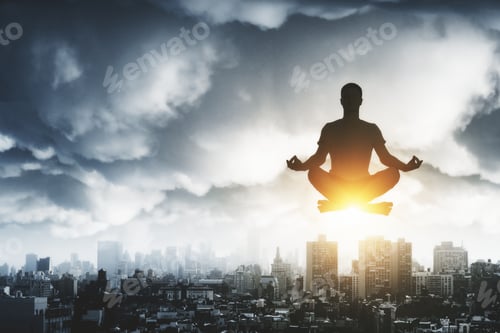 Preview: Yoga Time With Man Relaxing In Lotus Position In The Air Above Sun And Megapolis City At Stormy Sky