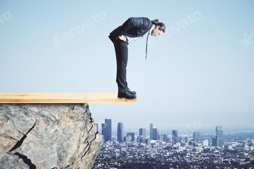 Preview: Risk And Failure Concept. Young Businessman Looking Down From Cliff. Sky Background