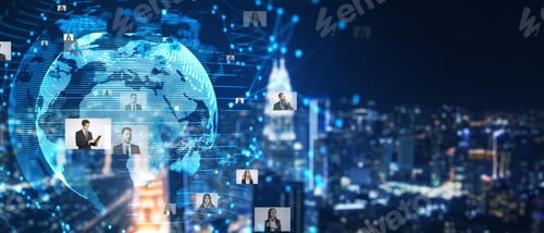 Preview: Abstract Glowing Globe Hologram With Photo Gallery On Dark Night City Background. Technology