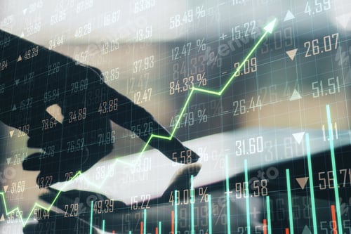 Preview: Hand Using Tablet On Desktop With Forex Chart Hologram. Analytics And Trade Concept. Multiexposure