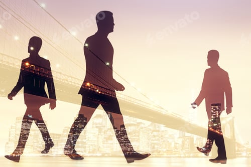Preview: Walking Businessmen Silhouettes On Night City Background. Double Exposure
