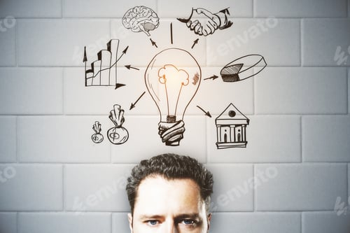 Preview: Portrait Of Handsome European Man On Concrete Background With Creative Business Sketch. Startup