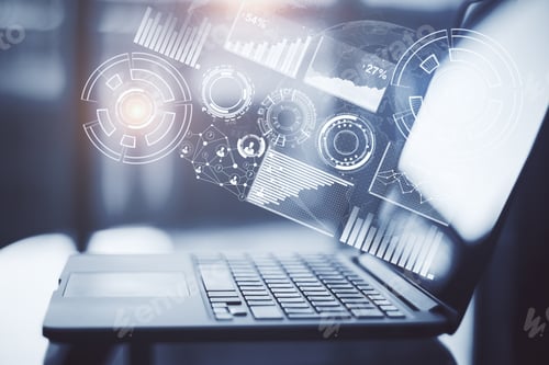 Preview: Side View And Close Up Of Laptop With Abstract Business Hologram On Blurry Background. Media And
