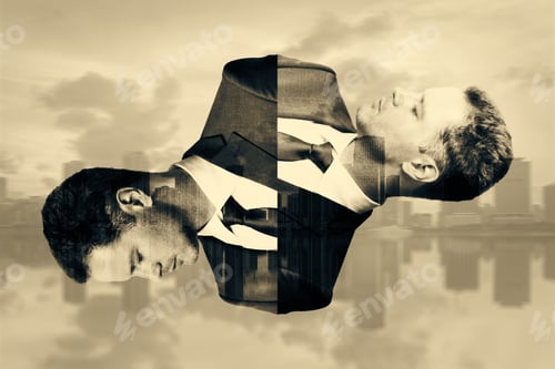 Preview: Two Abstract Portraits Of Handsome Young Businessmen On Creative City Background. Double Exposure