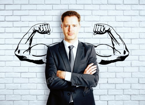 Preview: Confident Businessman With Drawn Muscly Hands On Brick Background. Strength Concept