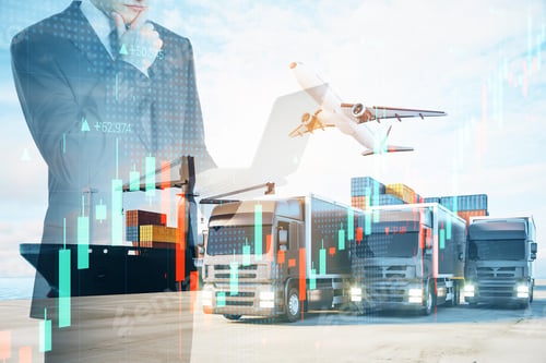 Preview: Businessman With Laptop Standing On Abstract Double Exposure Background With Forex Chart, Cargo