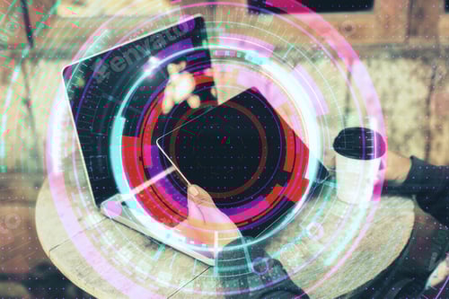 Preview: Hands Using Tablet And Laptop At Round Cafe Coffee Table With Digital Business Button. Future And