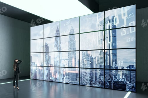 Preview: Young Businesswoman Standing In Modern Meeting Room Office Interior With Abstract Projector, City
