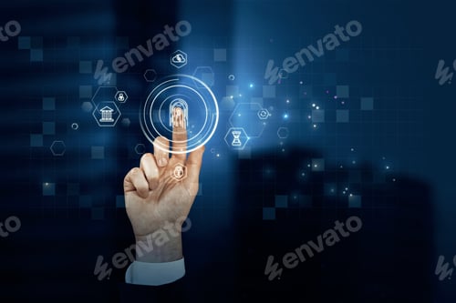 Preview: Close Up Of Businessman Hand Pointing At Abstract Glowing Id Fingerprint Web Protection And