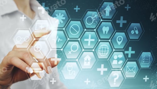 Preview: Close Up Of Female Doctor Hand Using Digital Glowing Medical Interface On Blurry Background