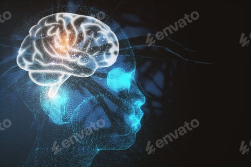 Preview: Polygonal Human With Nerve Cells. Nervous System And Brainstorm Concept. Double Exposure
