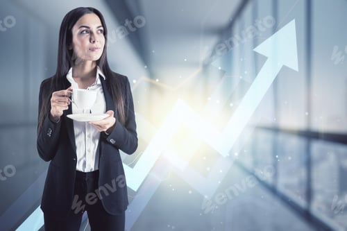 Preview: Ambition And Leadership Concept With Satisfied Businesswoman With Coffee Cup And Digital Glowing