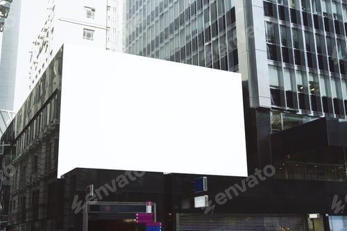 Preview: Empty White Billboard On City Building. Public Ad And Commercial Concept. Mock Up