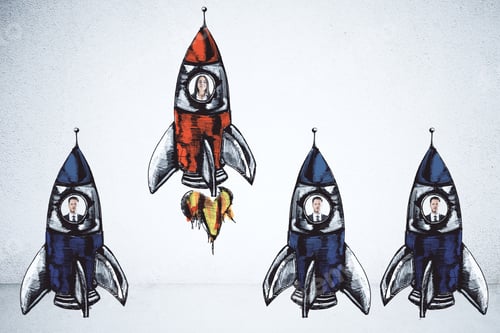 Preview: Creative Colorful Rocket Sketch With Businesspeople On Concrete Wall Background. Startup And