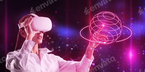 Preview: Attractive Young European Woman With Vr Glasses And Abstract Metaverse Sphere On Blurry Background