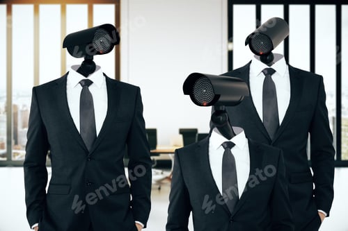 Preview: Businesspeople With Cctv Cameras Instead Of Heads. Surveillance Concept