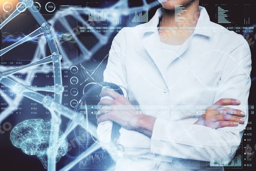 Preview: Doctor With Stethoscope And Glowing Medical Dna Interface. Medicine And Science Concept.