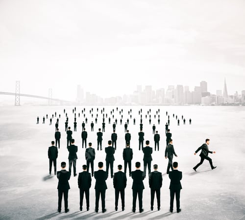 Preview: Different Deirection Concept With Arrow Shaped Crowd Of Businesspeople Going In One Direction And