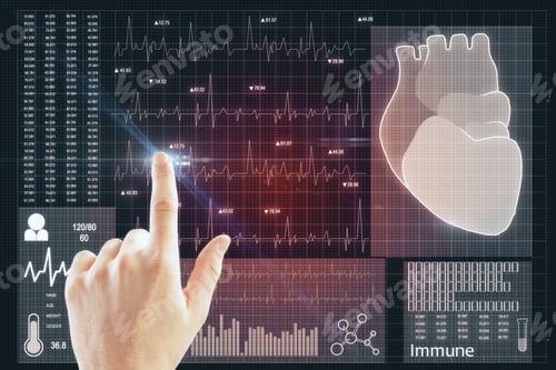 Preview: Medicine And Technology Concept. Hand Using Creative Glowing Red Medical Cardiology Interface On