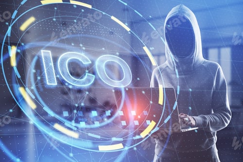 Preview: Hacker With Laptop Standing In Blurry Office Interior With Glowing Ico Hologram. Cryptocurrency And
