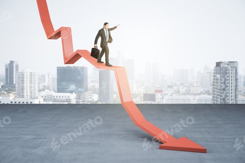 Preview: Young Businessman With Briefcase Balancing On Abstract Falling Red Arrow On Light City Background