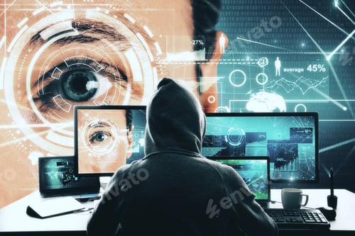 Preview: Hacker At Desk Using Computer With Glowing Interface. Hacking, Face Id And Access Concept