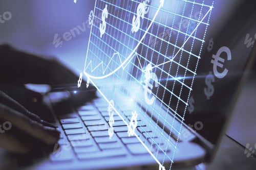 Preview: Close Up Of Hands At Desk Using Laptop With Abstract Glowing Money Mesh On Blurry Background