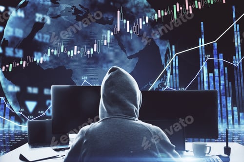 Preview: World Security And Technology Protection Concept With Hacker Back With Monitors And Digital Screen
