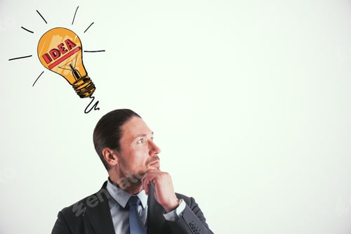 Preview: Portrait Of Attractive Young European Businessman With Lamp Sketch On White Wall Background. Idea