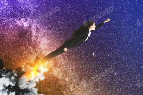 Preview: Abstract Launching Businesswoman On Space Background. Startup And Exploration Concept
