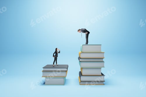 Preview: Businessman And Woman Standing On Books On Blue Background. Competition, Workshop And Knowledge