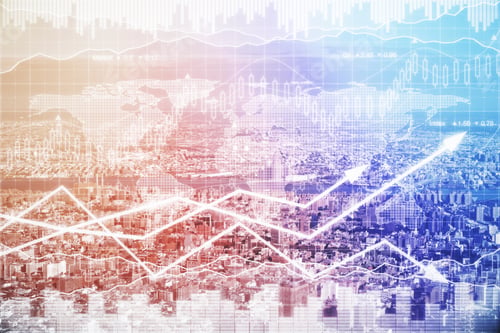 Preview: Abstract City Background With Forex Chart. Trade Concept. Toned Image