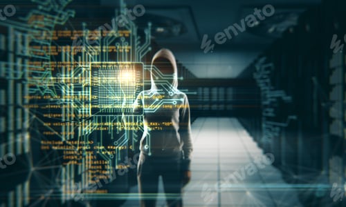 Preview: Hacker With Creative Coding Lines On Blurry Server Room Background. Programming And Theft Concept