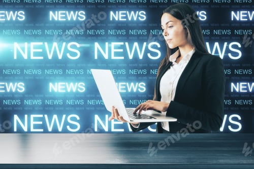 Preview: Businesswoman With Laptop. Innovation And News Media Concept