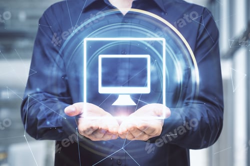 Preview: Businessman Holding Digital Computer Icon Hologram. Innovation And Technology Concept.