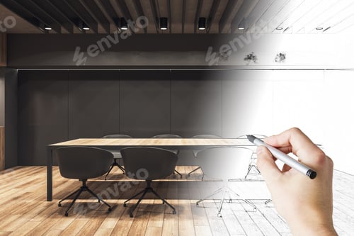 Preview: Modern Hand Drawn Meeting Room Interior Sketch With Furniture. Engineering And Plan Concept.