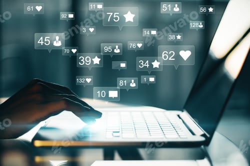 Preview: Side View And Close Up Of Hand Using Laptop With Social Media Icons. Communication And Network