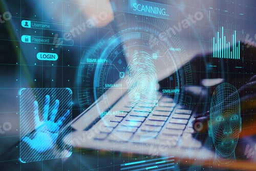 Preview: Close Up Of Hands Using Laptop With Abstract Glowing Finger Scanning Hologram On Dark Background