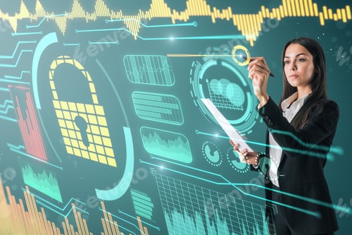 Preview: Side View Of Attractive Young European Businesswoman Using Hologram With Glowing Business Interface