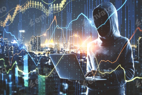 Preview: Criminal And Invest Concept. Side View Of Hacker Using Laptop On Blurry Night City Background With
