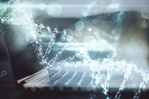Vista previa: Close Up Of Laptop On Table With Dna Spiral Hologram. Technology And Trade Concept. Double Exposure