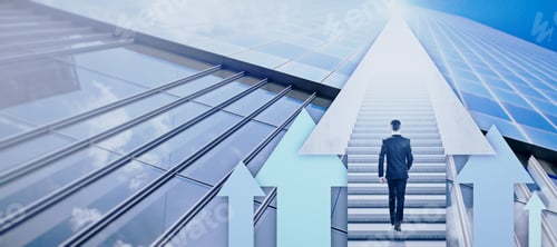 Preview: Back View Of Young European Businesswoman Walking On Abstract City Background With Staircase, Mock