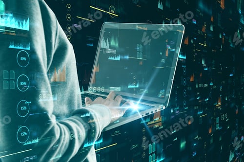 Preview: Hacker Using Laptop With Glowing Digital Business Interface On Blurry Background. Hacking And Web