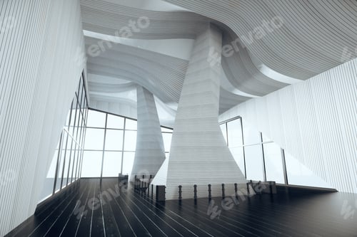 Preview: Futuristic Interior Design In Empty Hall With Black Wooden Table, 3D Render
