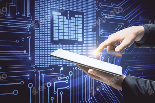 Preview: Businessman Hands Using Digital Tablet With Circuit Hologram. Technology And Computing Concept