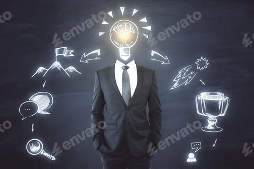 Preview: Businessman With Business Sketch And Glowing Lamp Head Standing On Chalkboard Background