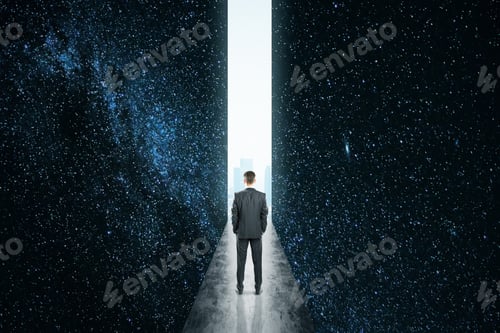 Preview: Businessman Stands In An Abstract Room With Space Walls And Looking On City In Distance. Success